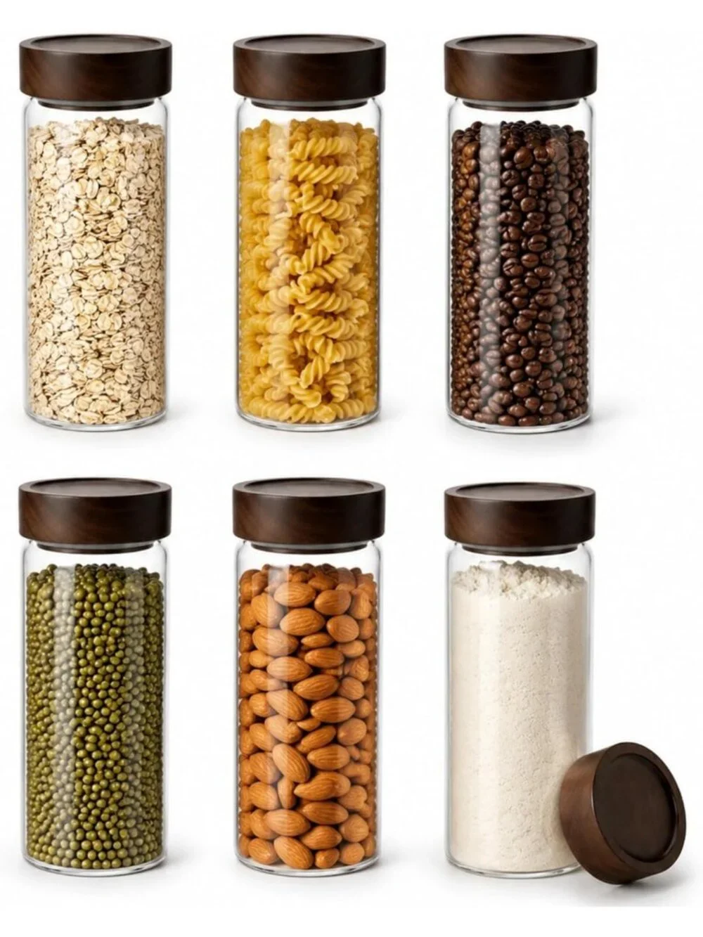 Wide Mouth Glass Storage Jars with Acacia Wood Lids - 6 Pack Airtight Food